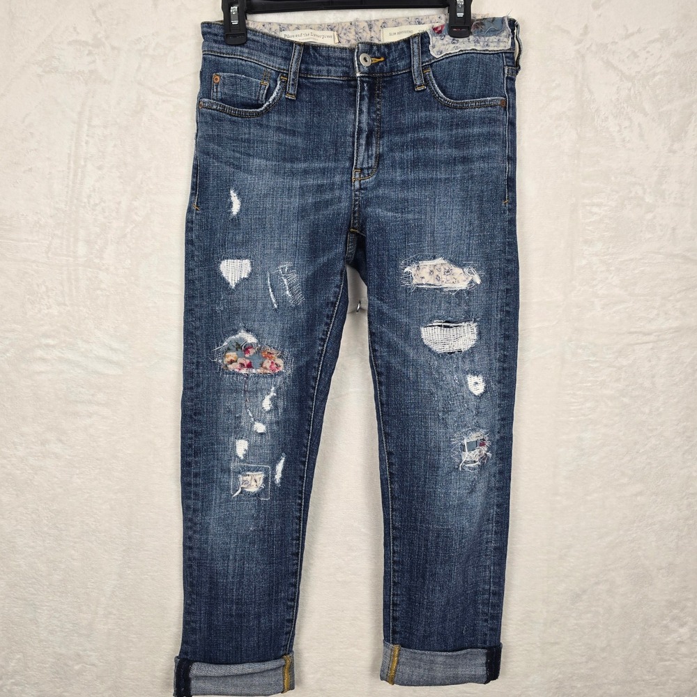 Pilcro Anthropologie Slim Boyfriend Distressed Floral Patchwork Jeans‎ Size 27